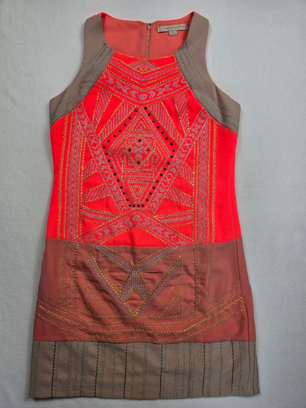 Anthropologie M Champagne & Strawberry Embroidered Geometric Sleeveless Dress